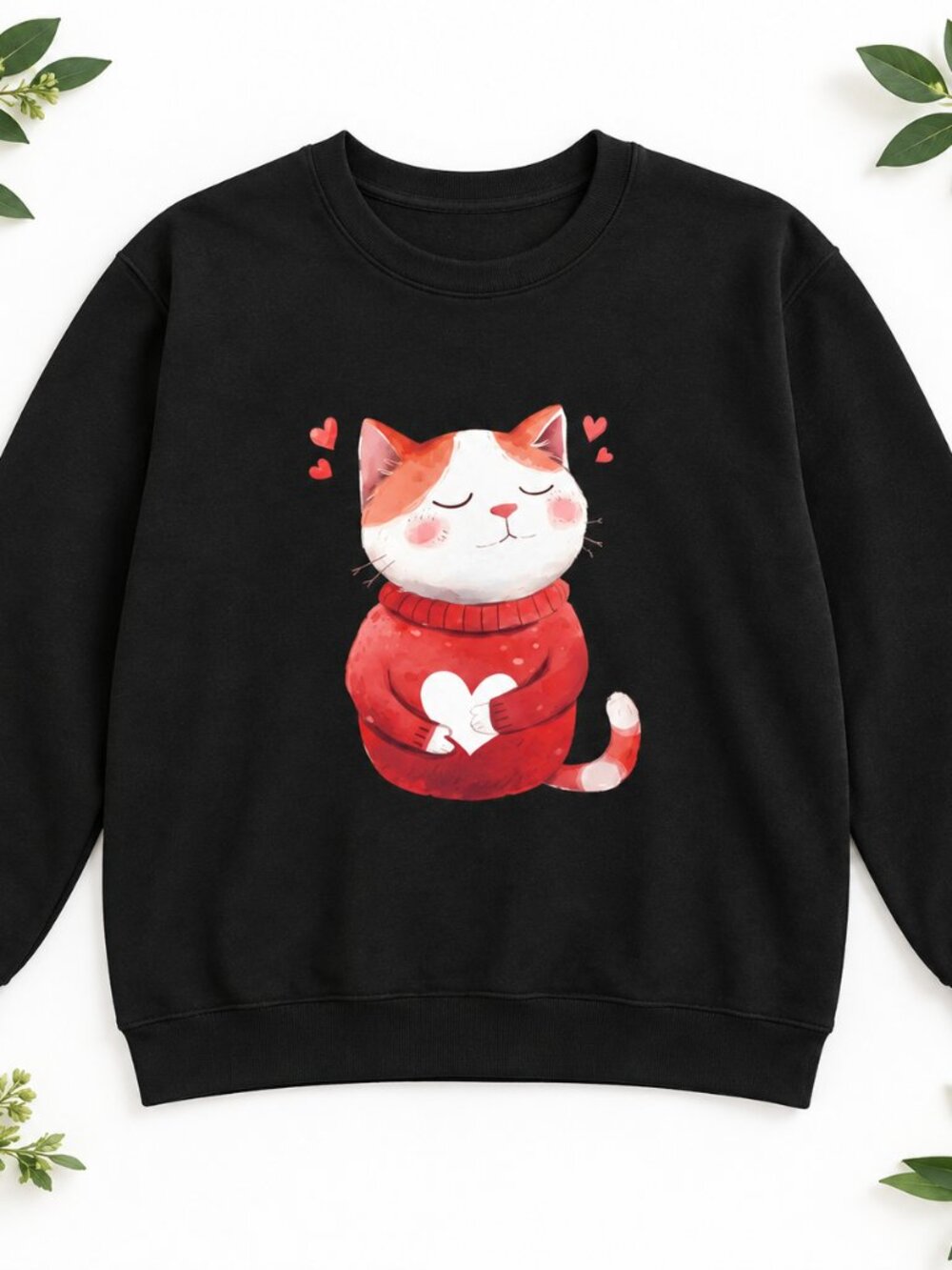 Cute Cat Heart Sweatshirt Black Kitten Lover Valentine Cozy Crewneck Women’s